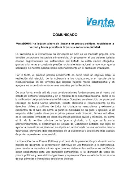 El partido de Machado exigió la liberación inmediata de los presos políticos.