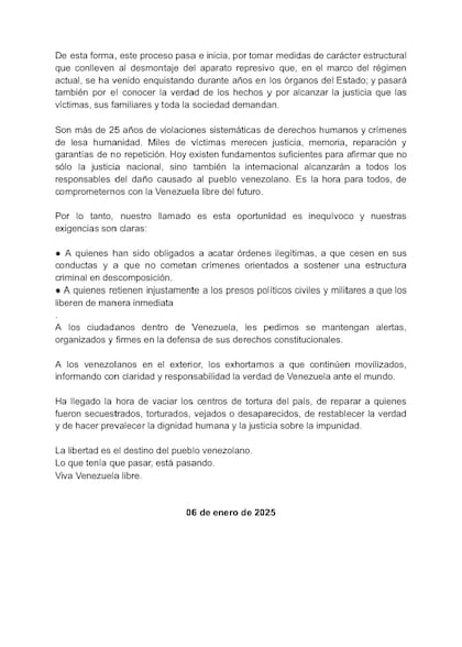 El partido de Machado exigió la liberación inmediata de los presos políticos.