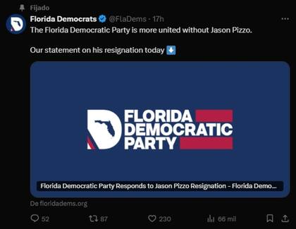 "El Partido Demócrata de Florida está más unido sin Jason Pizzo", dijo Nikki Fried