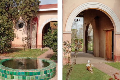 El patio central, con una fuente revestida en mayólicas fabricadas por la dueña de casa. Detrás, un ojo de buey, detalle característico de la arquitectura de Jorge Bustillo. El pasillo conserva el arco original.