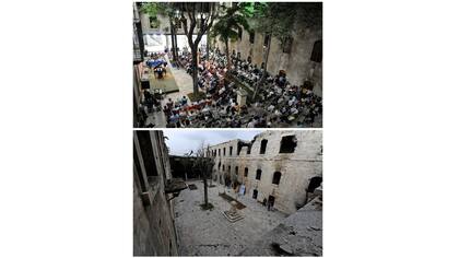 El patio de la escuela Al-Sheebani , en la ciudad vieja antes de que fue dañado el 6 de junio de 2009 (arriba) y después el 17 de diciembre de 2016