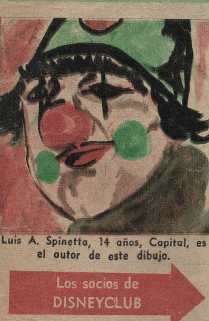 El payaso que dibujó Luis Alberto Spinetta en el comienzo de su adolescencia y que salió publicado en las páginas de la revista Disney Club