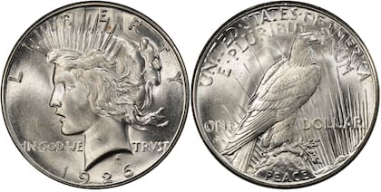 El Peace Dollar (Dólar de la Paz) tiene un peso de 26.73 gramos y un diámetro de 38.1 mm