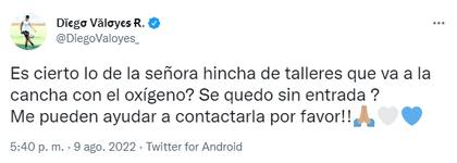 El pedido de ayuda de Diego Valoyes para los hinchas de Talleres (Twitter: @DiegoValoyes_)
