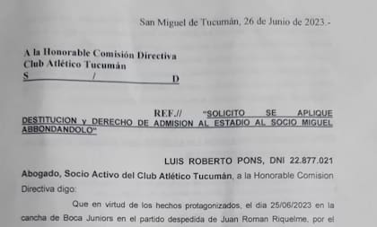 El pedido de destitución enviado por un socio de Atlético Tucumán a la Comisión Directiva