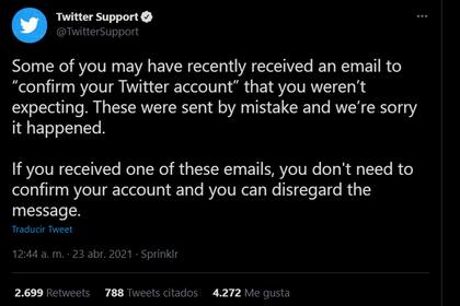 El pedido de disculpas de Twitter por el mensaje de correo electrónico enviado por error