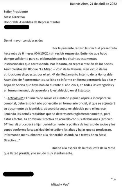 El pedido de explicaciones realizado por la oposición a la actual dirigencia de Boca, en octubre de 2021 y reiterado en 2022.