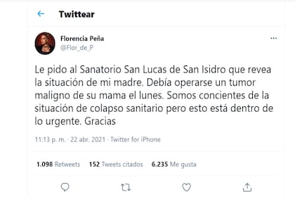 El pedido de Florencia Peña al centro de salud que atiende a su madre, que es paciente de cáncer