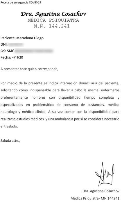 El pedido de la psiquiatra Agustina Cosachov a la auditoría de Swiss Medical en la que el 4 de noviembre (un día después de la operación) requiere recursos para una "internación domicialiaria" que incluya un neurólogo, un médico clínico y una ambulancia