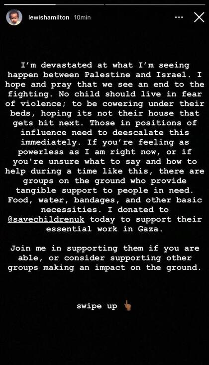 El pedido de Lewis Hamilton por la violencia entre Israel y Palestina