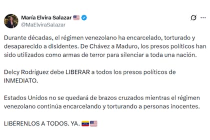 El pedido de María Elvira Salazar a Delcy Rodríguez sobre los presos políticos en Venezuela