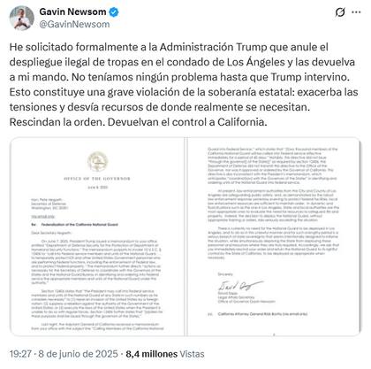 El pedido del gobernador de California contra el despliegue de las tropas de la Guardia Nacional impuesto por Donald Trump