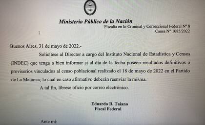 El pedido por escrito del fiscal federal Taiano a Marco Lavagna