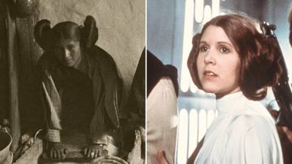 El peinado de dos rollos a lado y lado caracterizó el personaje de la princesa Leia interpretado por Carrie Fisher se ha vuelto tan icónico como las películas mismas. ¿Pudieron haber tenido su origen en los estilos de las indígenas hopi (izq.) de Arizona, EE.UU.?