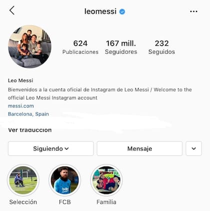 El perfil de Instagram de Lionel Messi. Crédito: Instagram