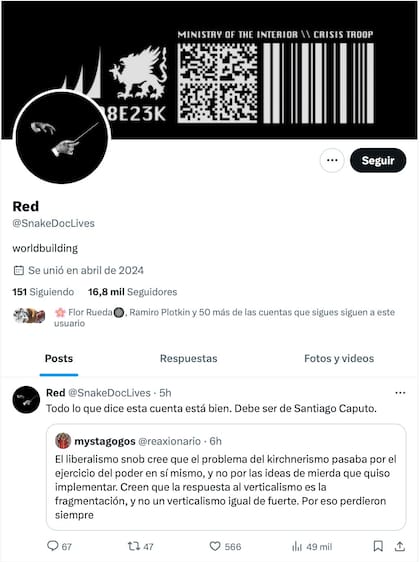 El perfil de la cuenta que le atribuyen a Santiago Caputo