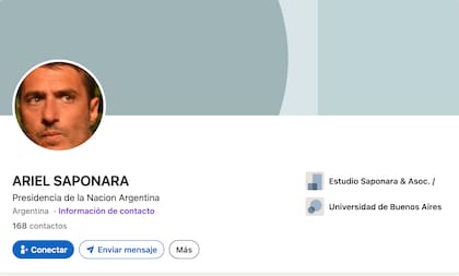 El perfil de Linkedin de Ariel Saponara. Dice trabajar en Presidencia de la Nación.
