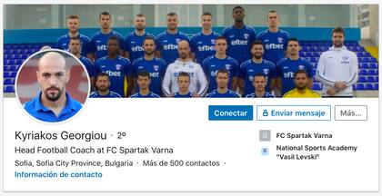 El perfil de LinkedIn del Kyriakos Georgiou recita: "Entrenador de fútbol experimentado con una historia demostrada de trabajo en el deporte. Experto en fútbol, gestión deportiva, entrenamiento, fútbol y atletismo. Fuerte profesional de la comunidad y los servicios sociales con una Licencia de