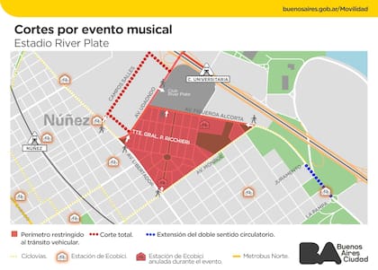 El perímetro restringido para el tránsito en los alrededores del estadio Monumental para los recitales de Roger Waters