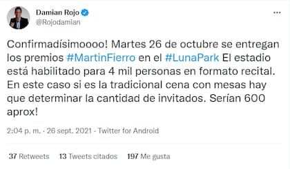 El periodista Damián Rojo confirmó la información sobre los Martín Fierro (Foto: Captura Twitter/@Rojodamian)