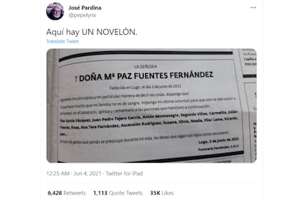 El periodista José Pardina publicó el aviso fúnebre del diario local que enseguida se hizo viral en Twitter