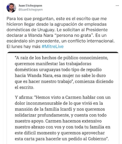 El periodista  Juan Etchegoyen compartió el escrito de las empleadas domésticas uruguayas.
