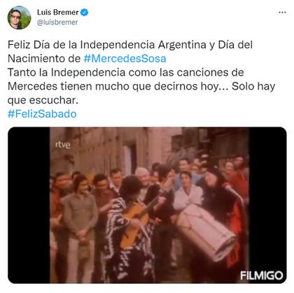 El periodista Luis Bremer publicó un video de Mercedes Sosa (Foto: Twitter @luisbremer)