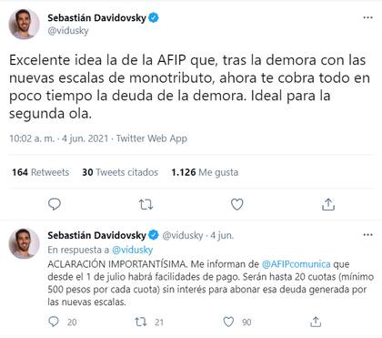 El periodista Sebastián Davidovsky usó dos tweets para hacer una crítica y luego una aclaración sobre la recategorización del monotributo. Fuente: Twitter.