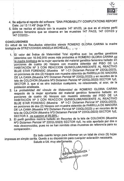 El peritaje que confirma el ADN de Cecilia Strzyzowski