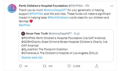 El Perth Children's Hospital Foundation agradeció a Johnny Depp por su contribución (Crédio: Twitter/@PCHFWA)