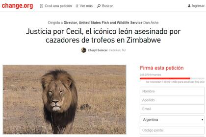 La petición por Cecil está a sólo 80 mil apoyos de lograr el millón de seguidores