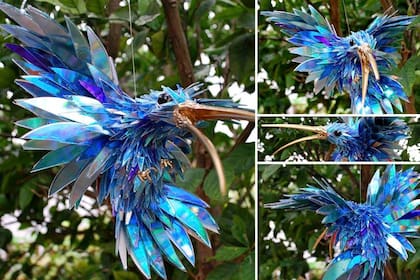 El picaflor está hecho con más de 40 CDs usados. Al artista le lleva, en promedio, una semana realizar una pieza de este tipo