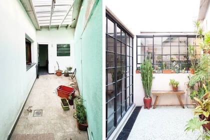 El piso de terrazo es el foco de atención del patio. Está hecho en situ y en un solo bloque, sin uniones. Es noble y solo hay que volver a laquearlo cuando se desgasta.