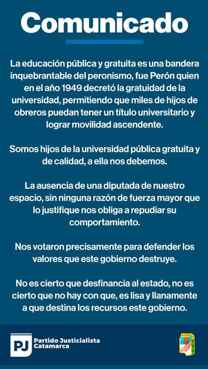 El PJ catamarqueño, conducido por la kirchnerista, Lucía Corpacci, repudió el accionar de la legisladora de Raúl Jalil