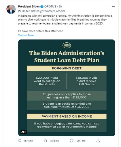 El plan de alivio económico para las personas con créditos universitarios fue una de las promesas de campaña de Joe Biden (Crédito: Twitter/@potus)