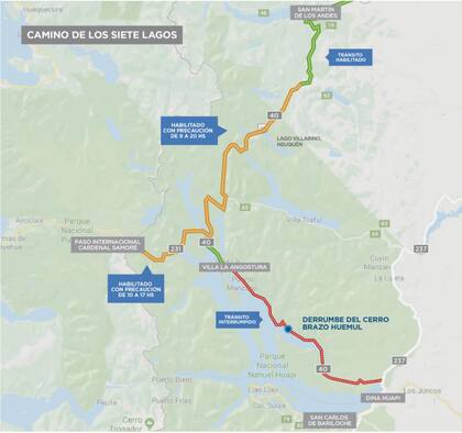 El plano con los lugares de la Ruta 40 donde se presentan los cortes
