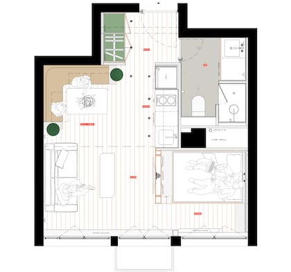 El plano muestra el cambio espacial más significativo: la cama está donde anteriormente estaba la cocina. Hoy queda separada del living por un tabique que sostiene la TV.