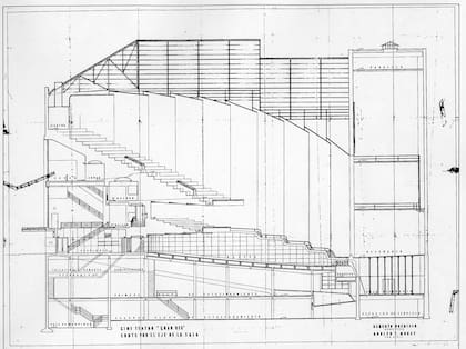 El plano original del Gran Rex imaginado por Alberto Prebisch, el arquitecto considerado precursor de la Arquitectura Moderna en la Argentina que fue el interlocutor calificado en la visita de Le Corbusier a Buenos aires y quien, en 1936, diseñó el Obelisco porteño

