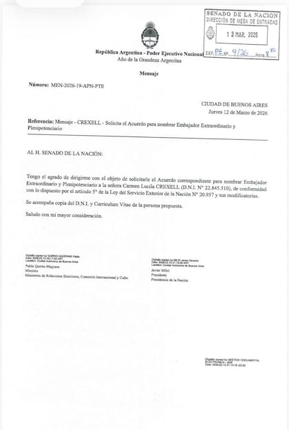 El pliego de Crexell firmado por Milei y Quirno para ser designada embajadora en Canadá