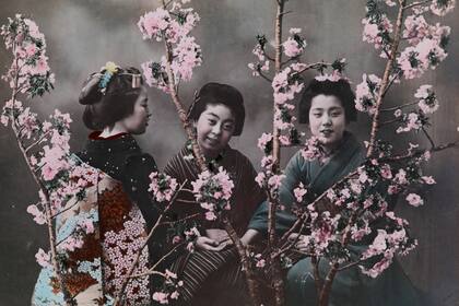 Tres mujeres japonesas vestidas con tradicionales kimonos en una imagen más que centenaria (1918)
