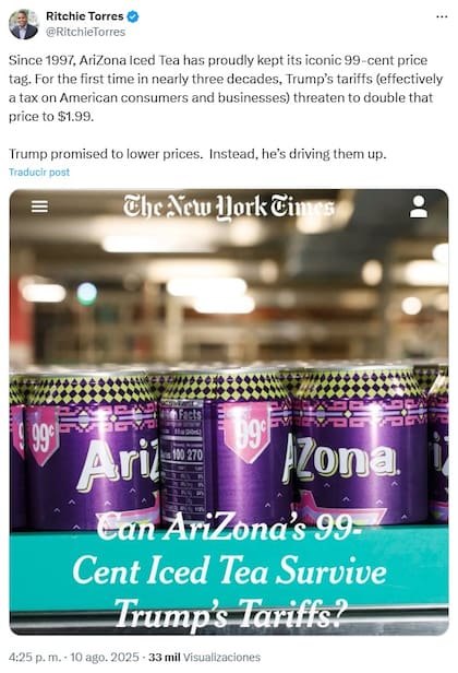 El político de Nueva York usó el caso de AriZona como ejemplo para cuestionar las estrategias económicas del presidente (X/@RitchieTorres)