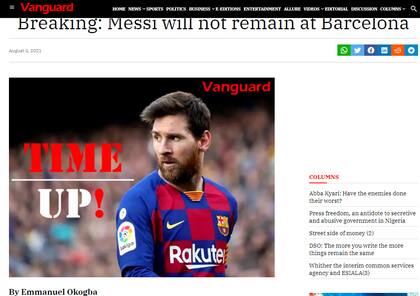 El portal nigeriano 'The Vanguard' editó una foto de Messi con el mensaje "¡Se acabó el tiempo!".