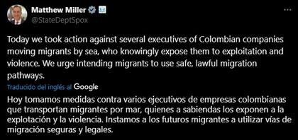 El portavoz del Departamento de Estado, Matthew Miller, habló sobre un motivo por el cual cancelaron visas de colombianos en Estados Unidos