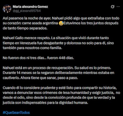 El posteo completo de María Alexandra Gómez, la esposa de Nahuel Gallo