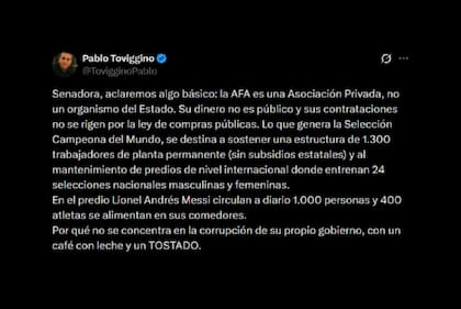 Toviggino también se valió de las redes sociales para responderle a Bullrich
