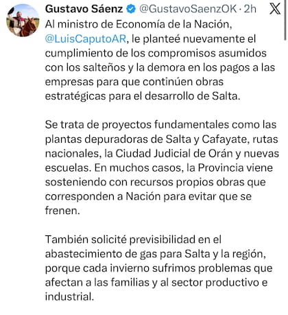 El posteo de Sáenz