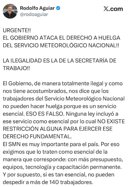 El posteo de Aguiar en sus redes sociales