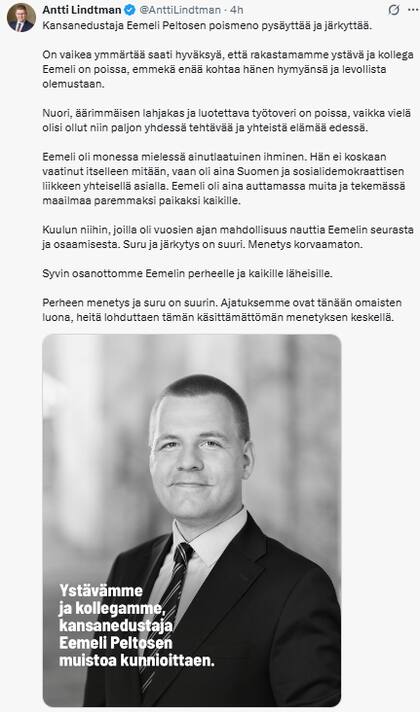 El posteo de Antti Lindtman, el presidente de los socialdemócratas finlandeses lamento el fallecimiento del diputado (Fuente: @AnttiLindtman)