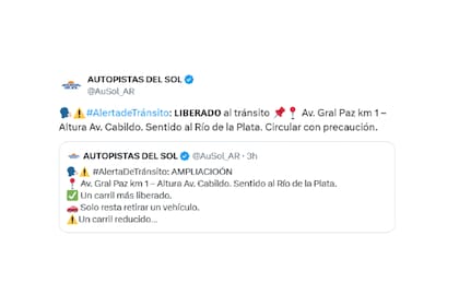 La concesionaria vial informó sobre el hecho a través de su cuenta oficial (X, @AutopistasDelSol)