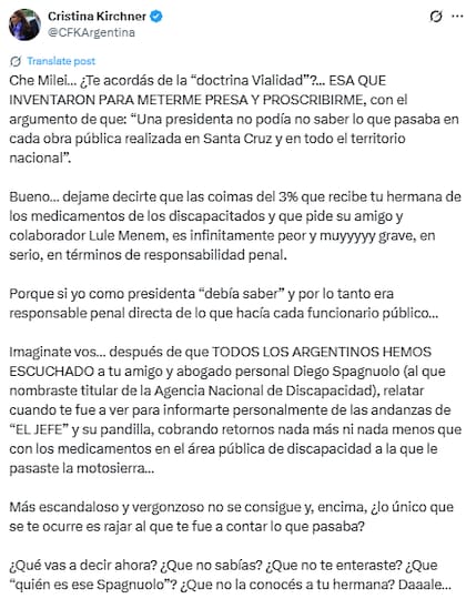 El posteo de Cristina Kirchner en X (Fuente: @CFKArgentina)